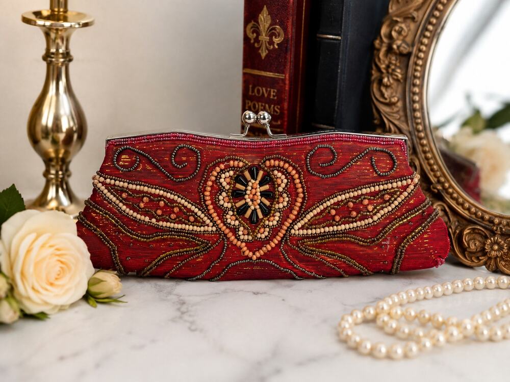Vintage Red Beaded Clutch Purse Art Deco Style Embroidered Evening Bag Kiss Lock